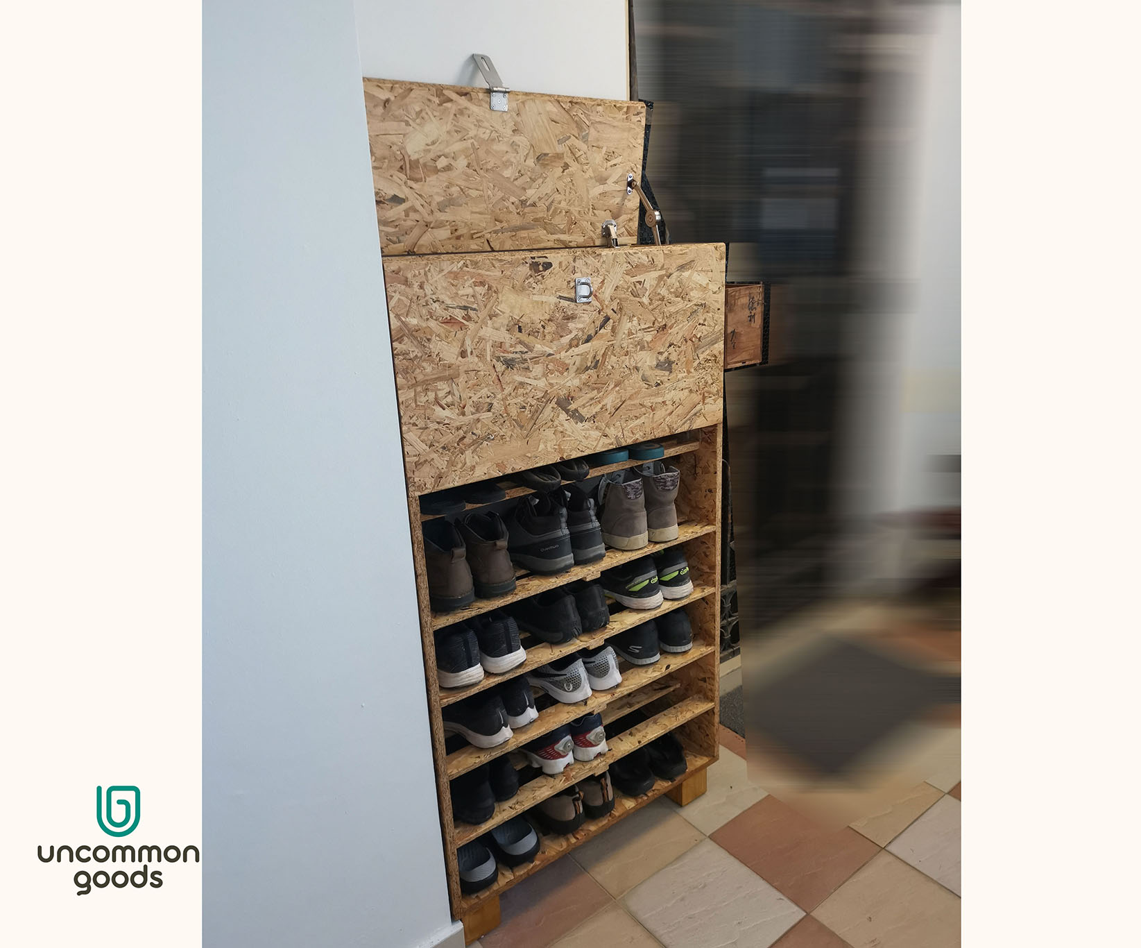 Uncommon Goods Singapore designs and builds a shoe rack with built in parcel locker