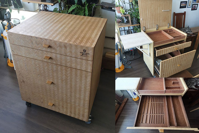 Uncommon Goods Singapore custom makes a painter's trolley with birch plywood and patterned plywood